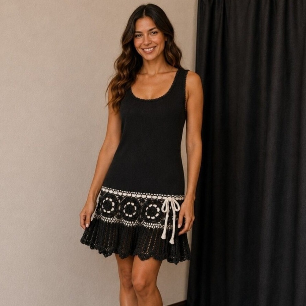 Moda International Black Ribbed Crochet Lace Drop Waist Tank Dress Med